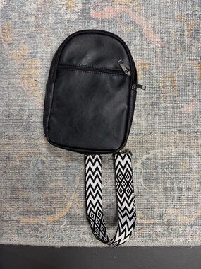 Black faux Leather Crossbody Sling Bag with Patterned Strap